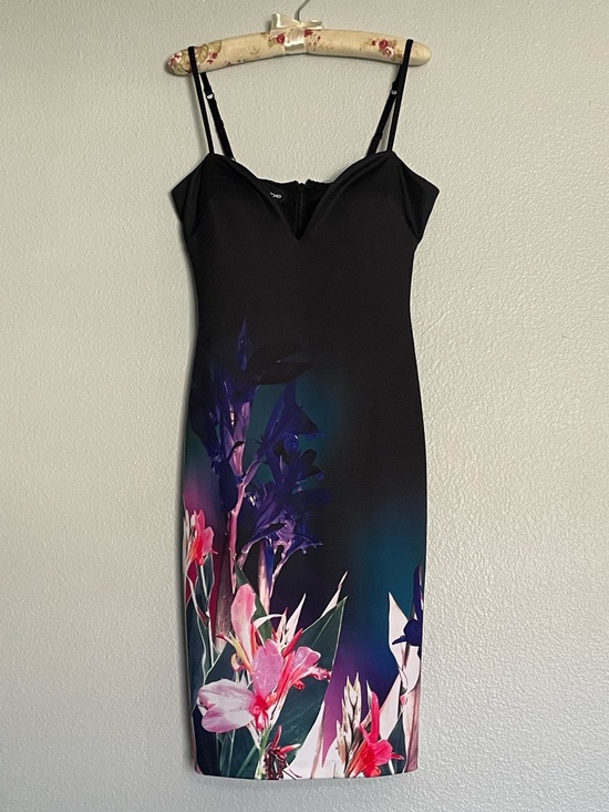 bebe Dresses & Skirts - bebe Black Midi Dress with Pink & Purple Florals - Size M